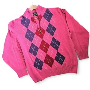 Barbour Quarter Zip Pink Argyle Wool Sweater Made In Scotland XXL